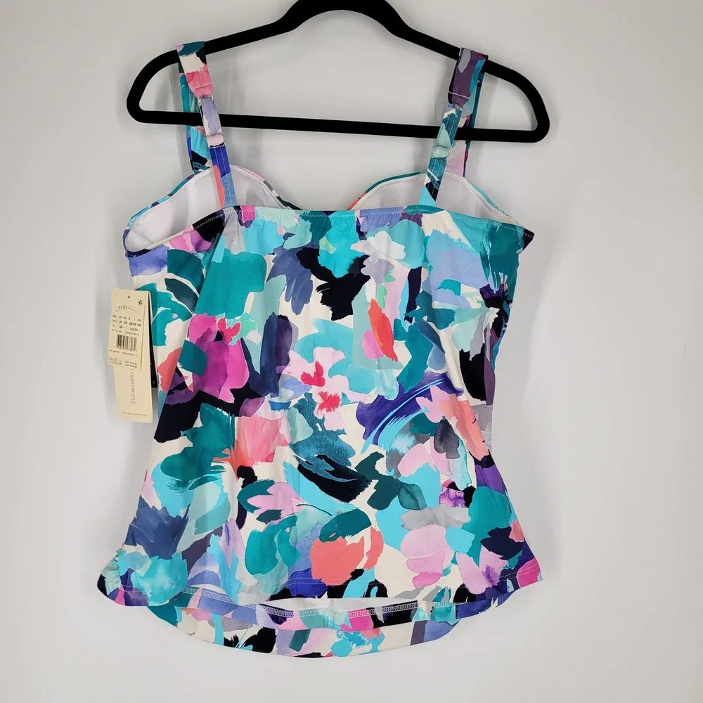 Profile by Gottex Holi Abstract Floral Print Criss Cross Tankini Swim Top 22W - Picture 2 of 8